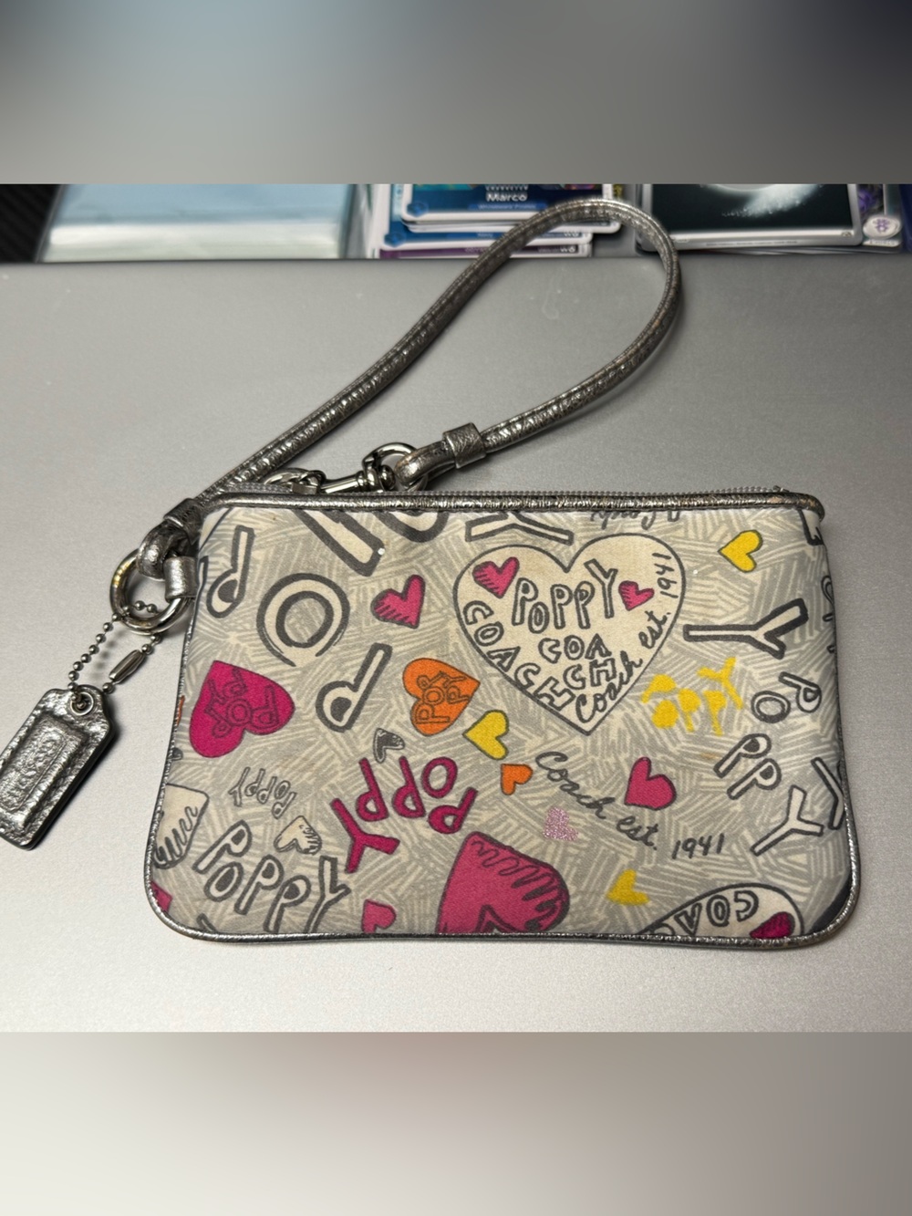 Coach Poppy Heart Print Wristlet - Pink, Yellow, Silver